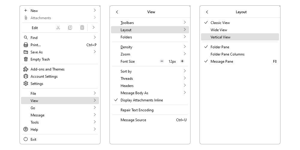 منوی اصلی Thunderbird، منوی View و منوی Layout.