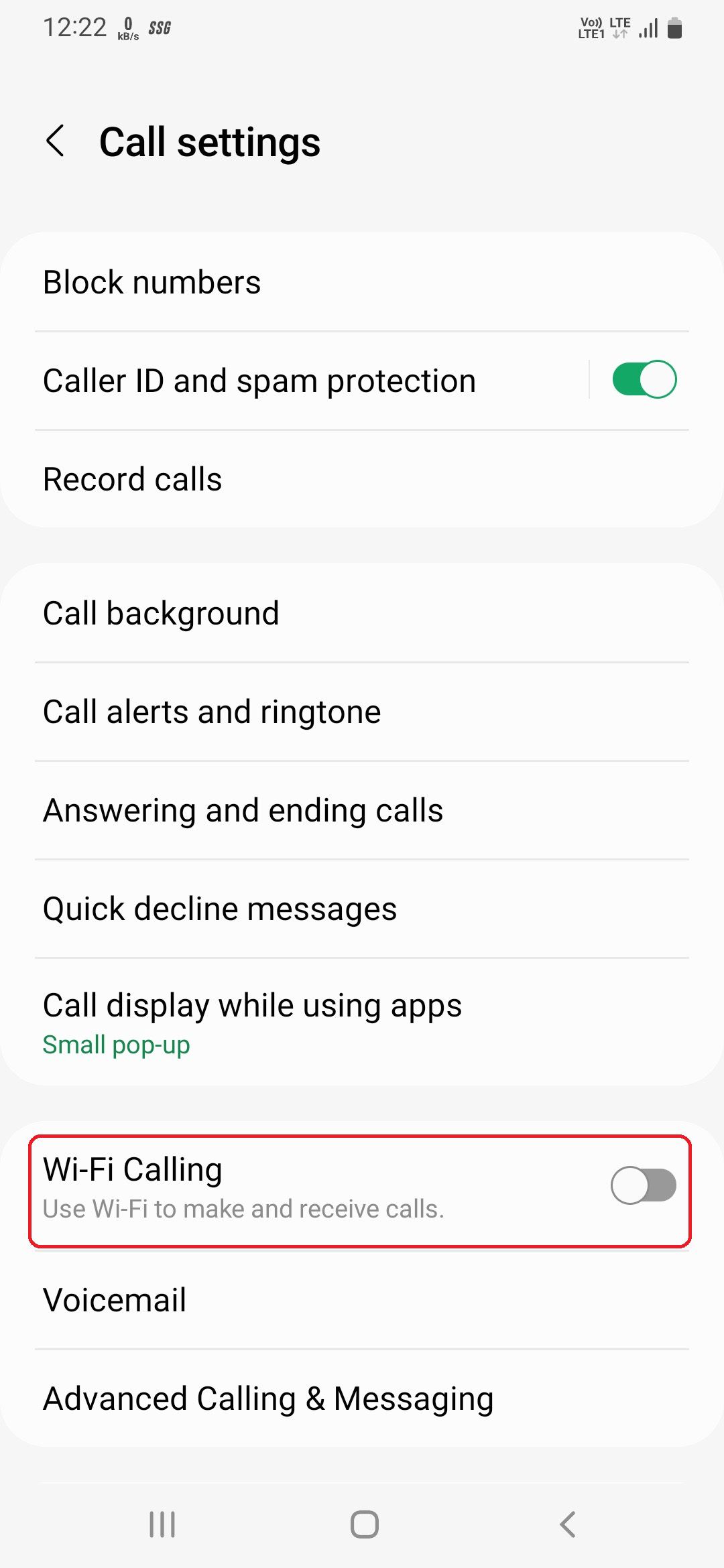 Toggle to enable Wi-Fi calling