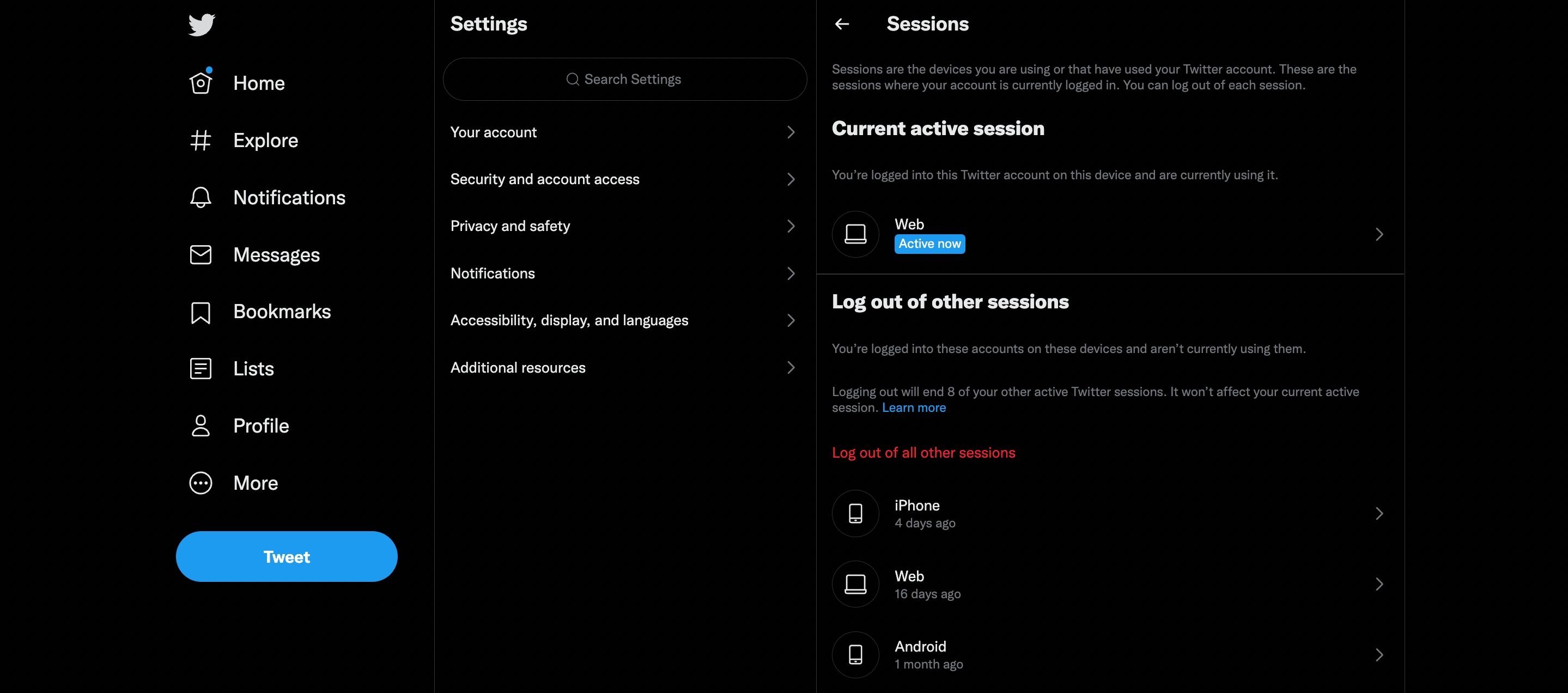 Twitter displaying account active sessions on Web