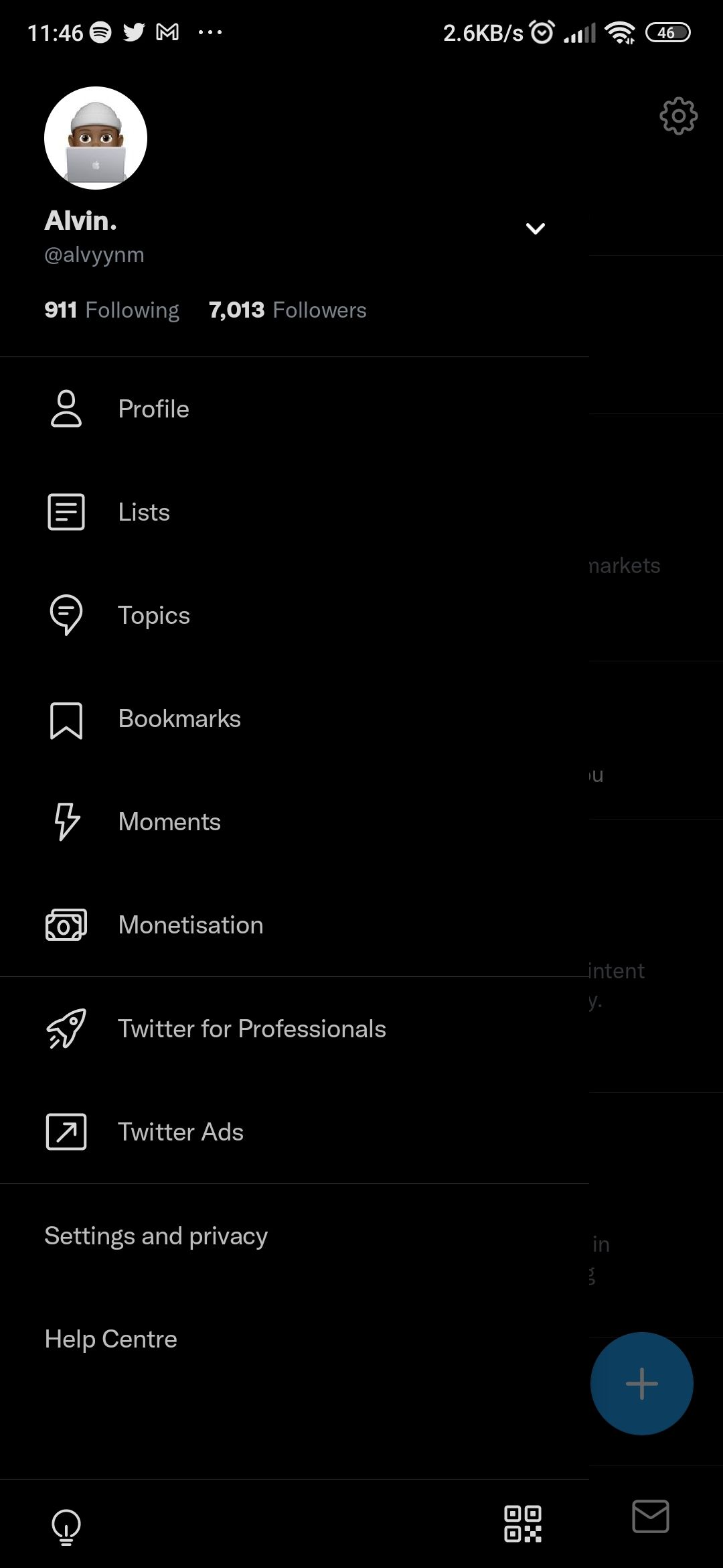 Twitter menu on mobile