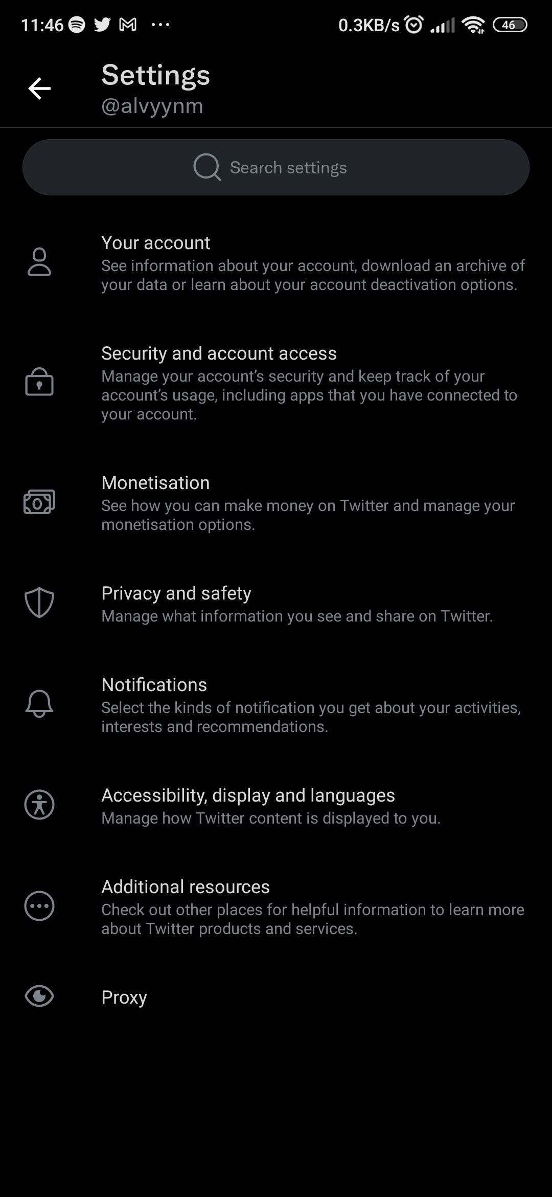 A screenshot of Twitter Settings page on mobile