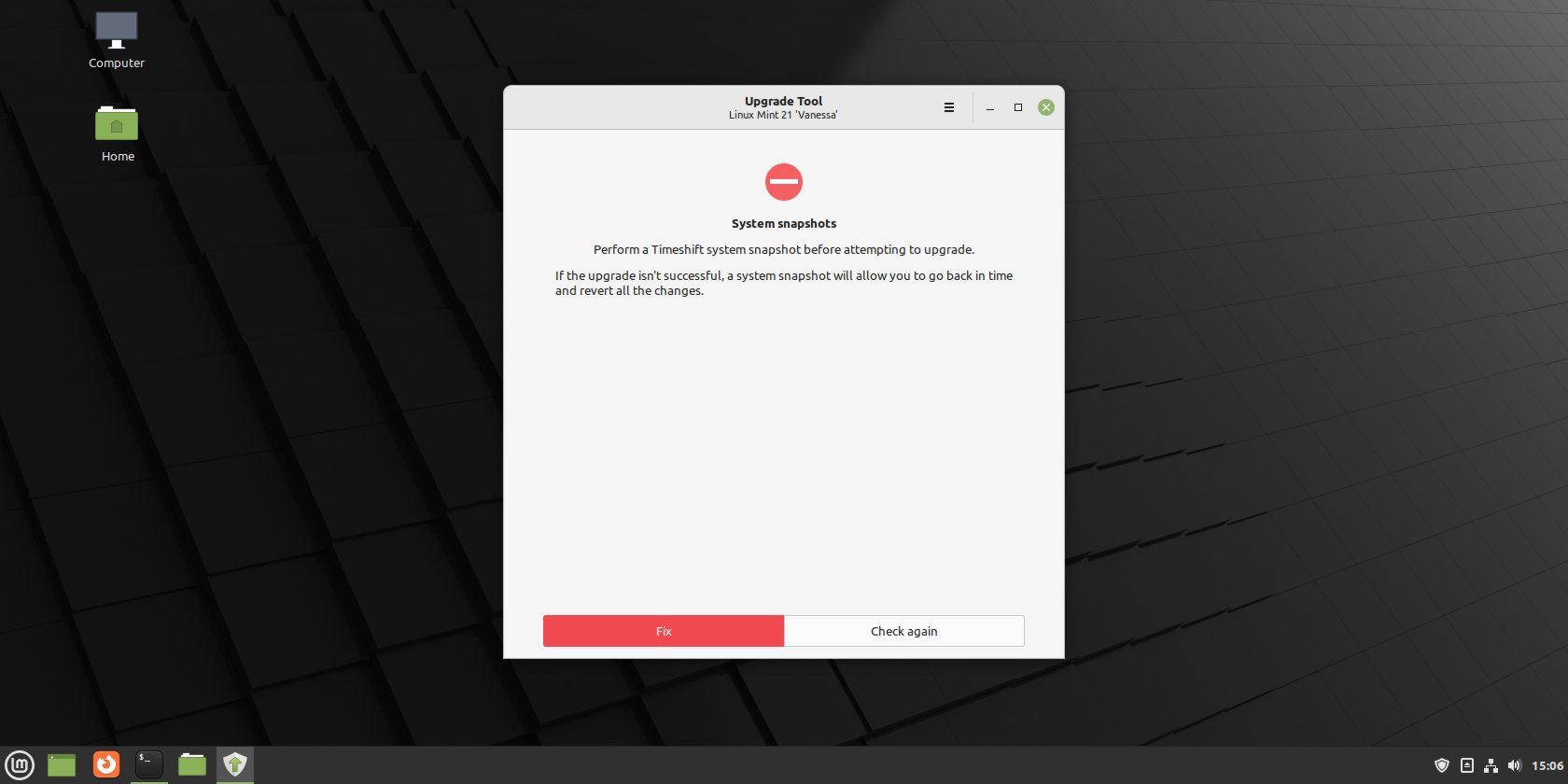 The Linux Mint Upgrade Tool System Snapshots error screen.