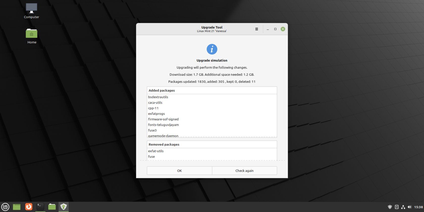 The Linux Mint Upgrade Tool simulation summary screen.