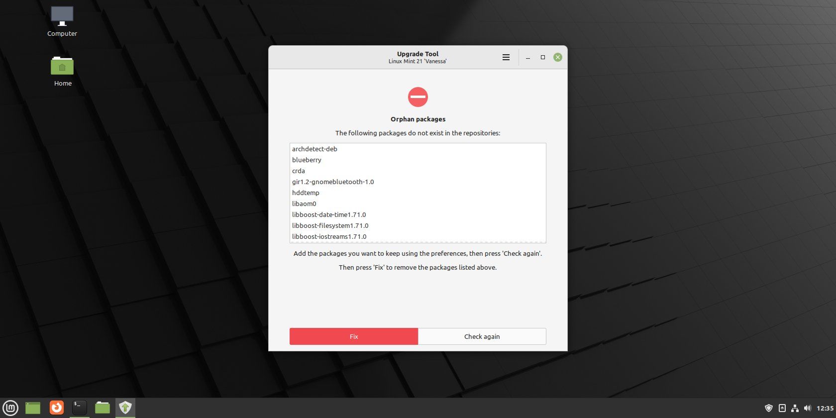 The Linux Mint Upgrade Tool Orphan Packages screen.