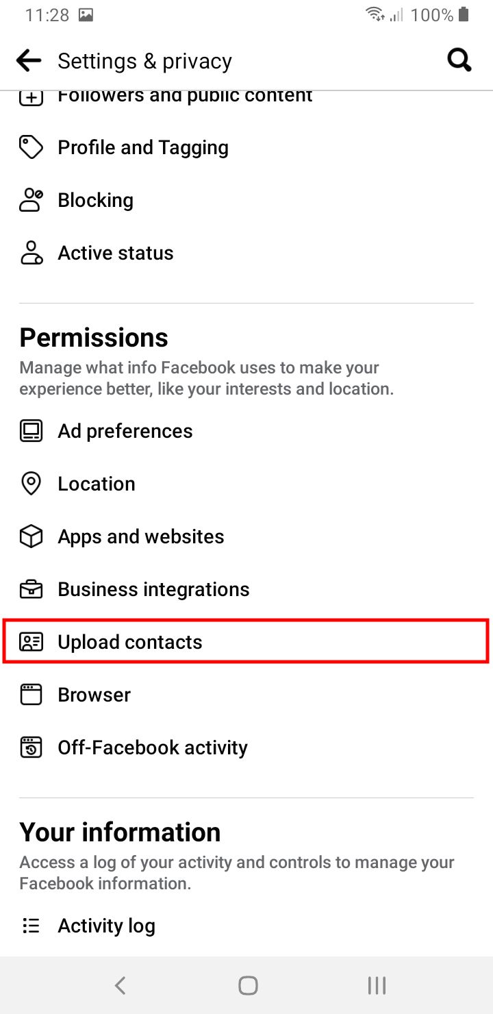 Upload Contacts Option Highlighted in the Facebook App Settings