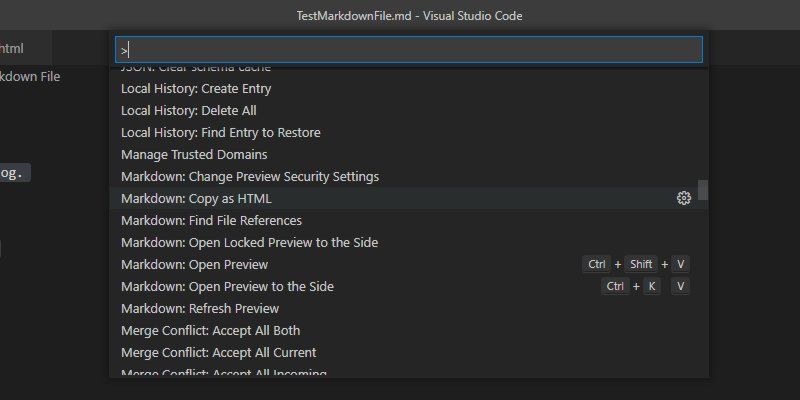 The VSCode drop-down Command Palette with Markdown: Copy as HMTL highlighted.