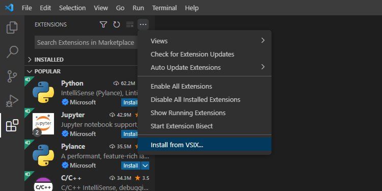 VSCode extensions menu with Install from VSIX highlighted.