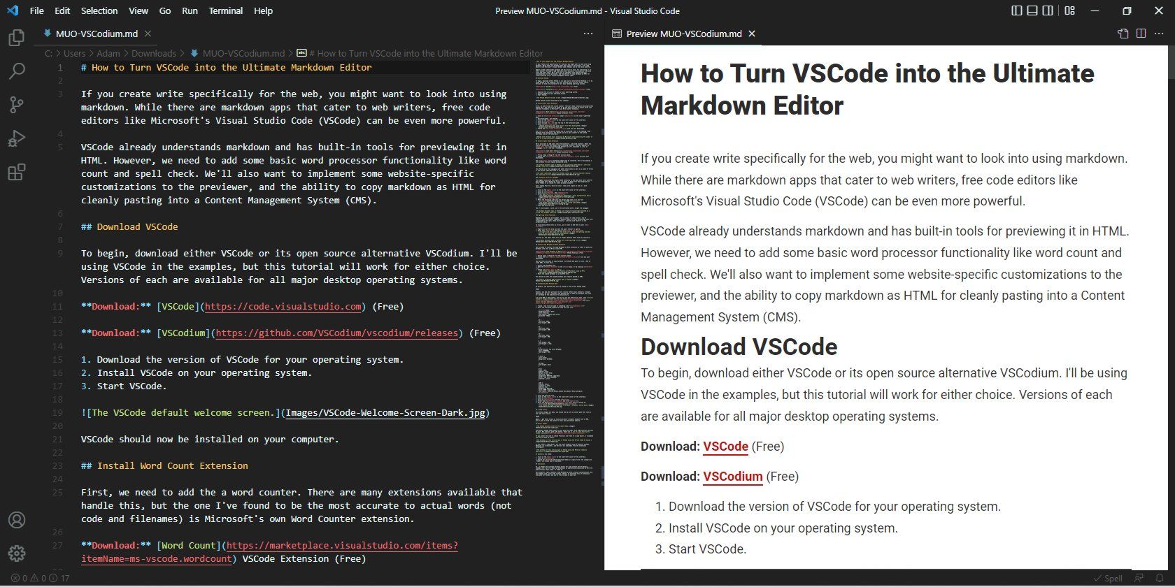 The markdown of this article open in VSCode using the Material theme by Equinusocio.
