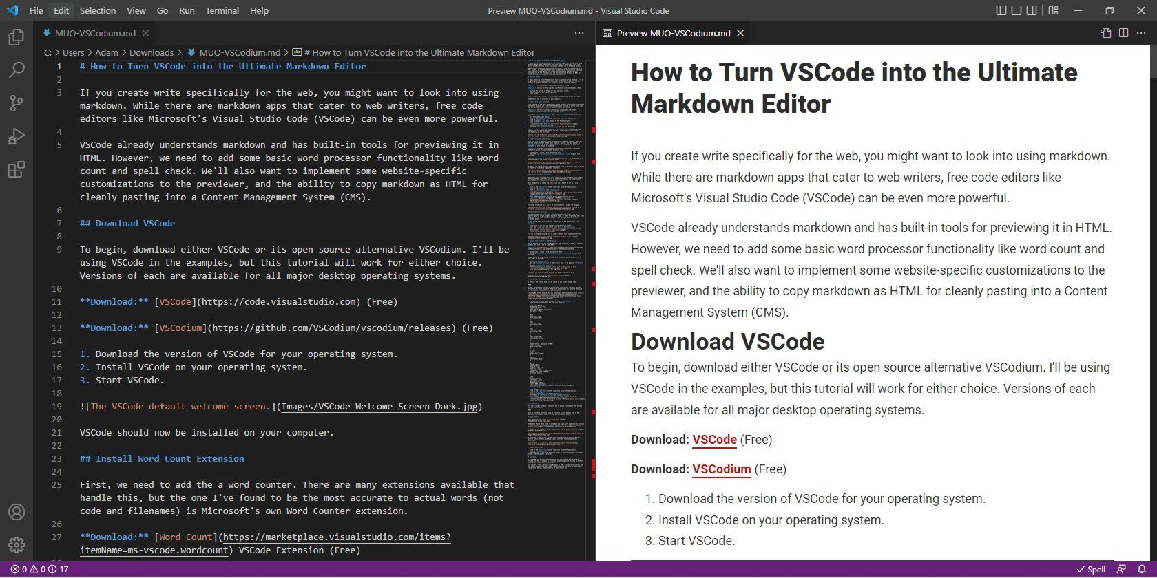 This article as a markdown file open in VSCode with the previewer customized to look like MUO.