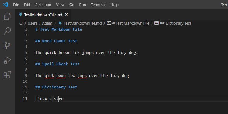 A markdown document open in VSCode with three spelling errors.