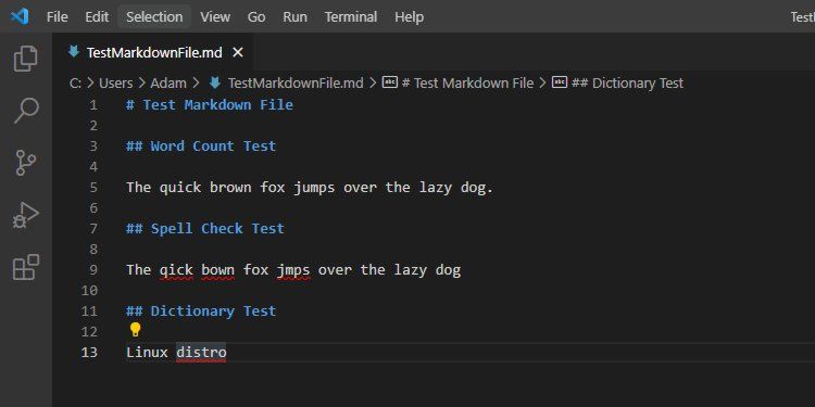 A markdown document open in VSCode with flagrant misspellings detected by a strong red squiggly underline.