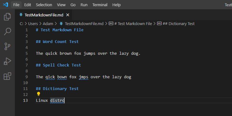 ​​​​​​​A markdown document open in VSCode with misspellings detected by a soft blue squiggly underline.
