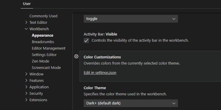 The VSCode Settings > Workbench > Appearance > Color Customization menu.