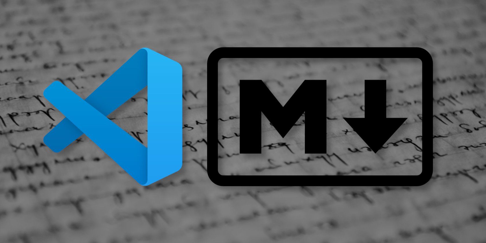 The VSCode and Markdown logos with blurry handwritten text in the background.
