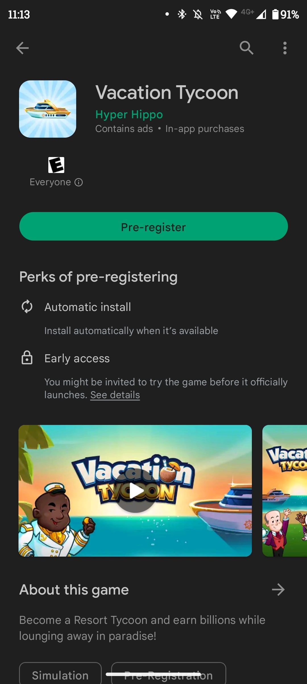 Vacation Tycoon app store page with perks