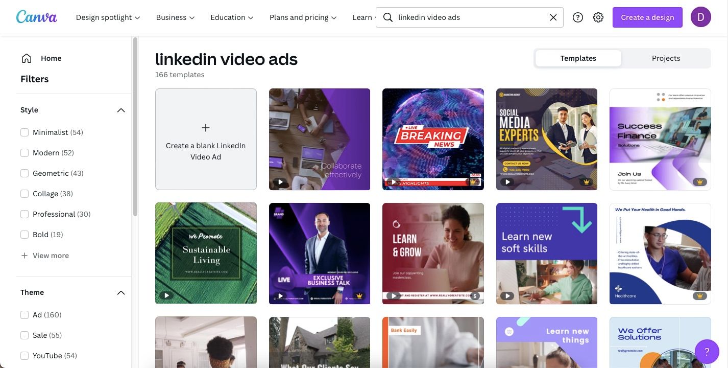 screenshot of video ad templates on canva
