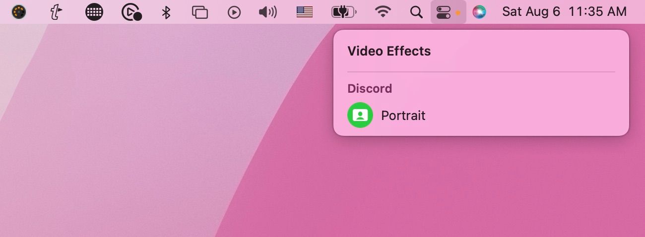 Screenshot of Mac Control center with the Portrait Mode Video Effect turned on in Discord