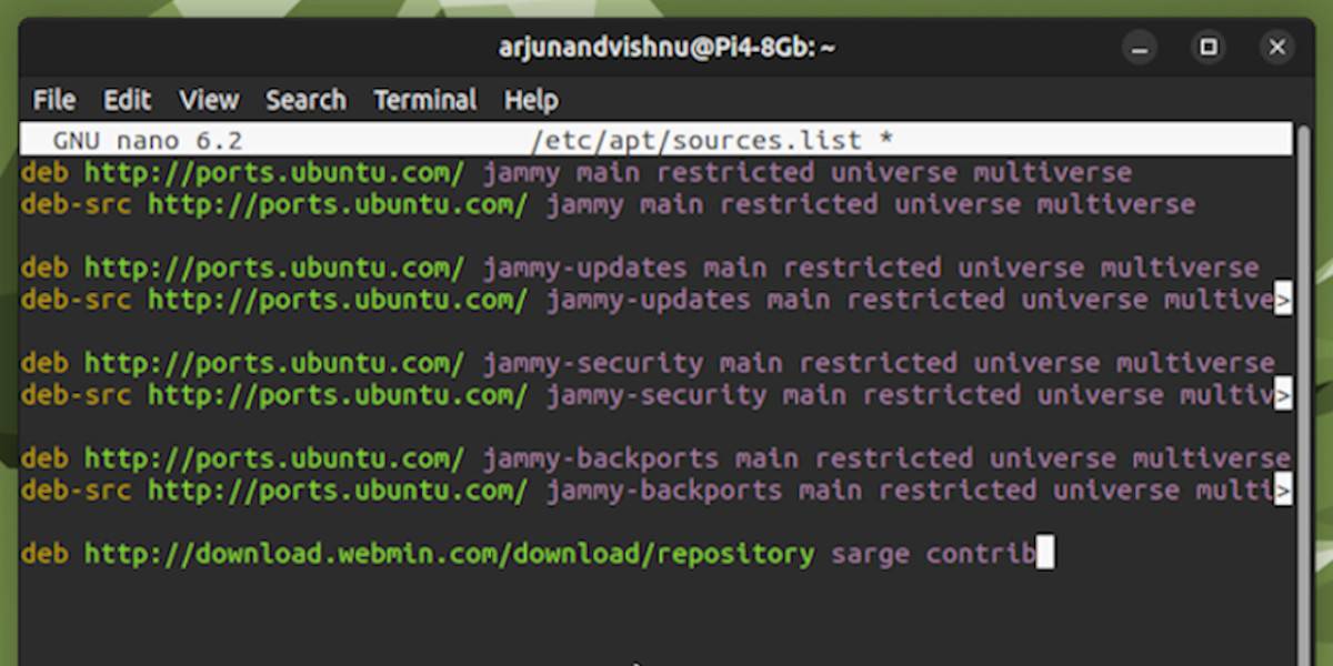 Adding a new repository to the software sources file using nano editor