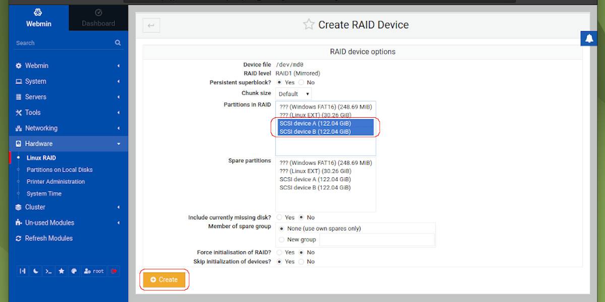 Adding disks to RAID-1 when creating the RAID device using Webmin interface