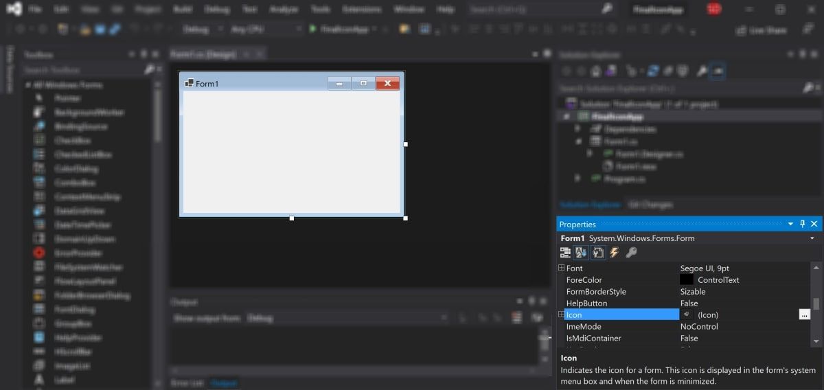 Properties window for form with icon field