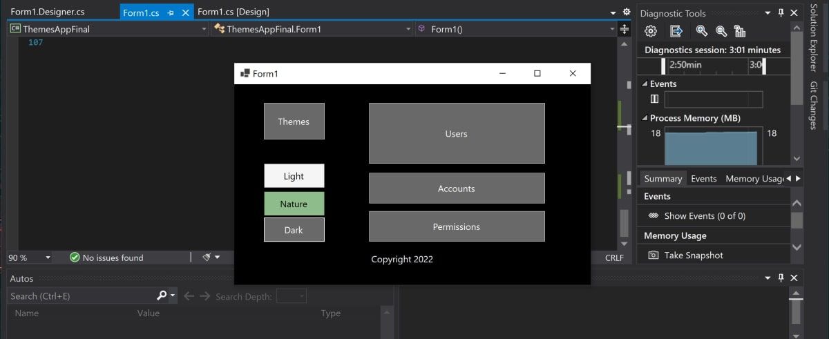 برنامه Winforms در زمان اجرا تم تیره را نشان می دهد