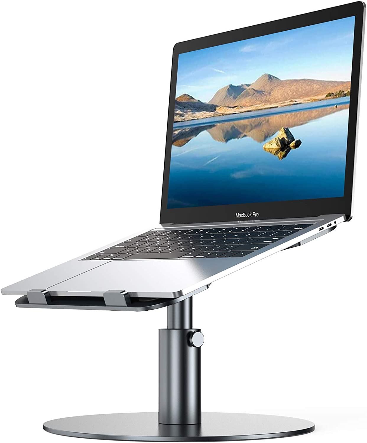 A YoFeW laptop stand with laptop sitting on it