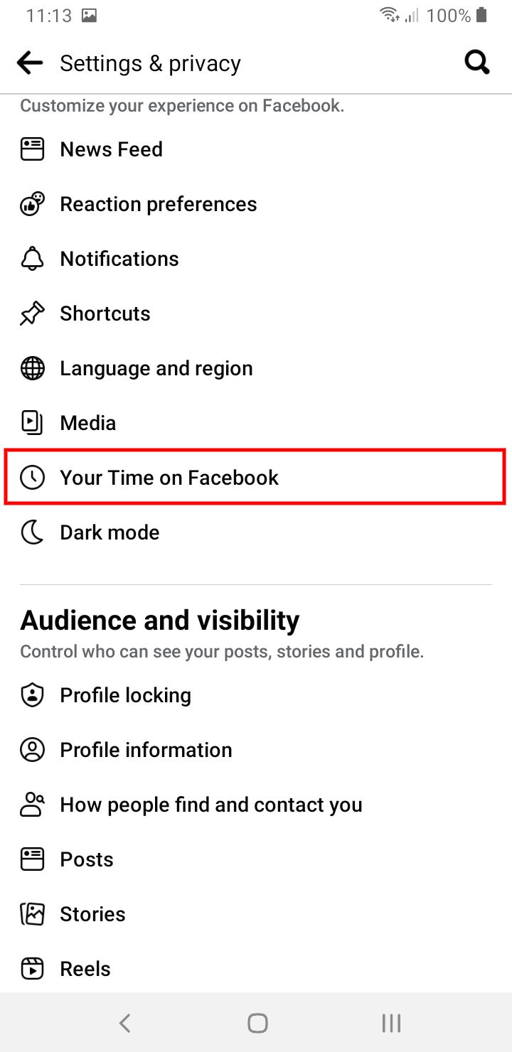 Your Time on Facebook Option Highlighted in the Facebook App Settings