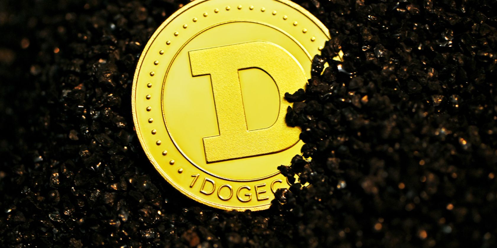 a gold dogecoin half buried in dirt