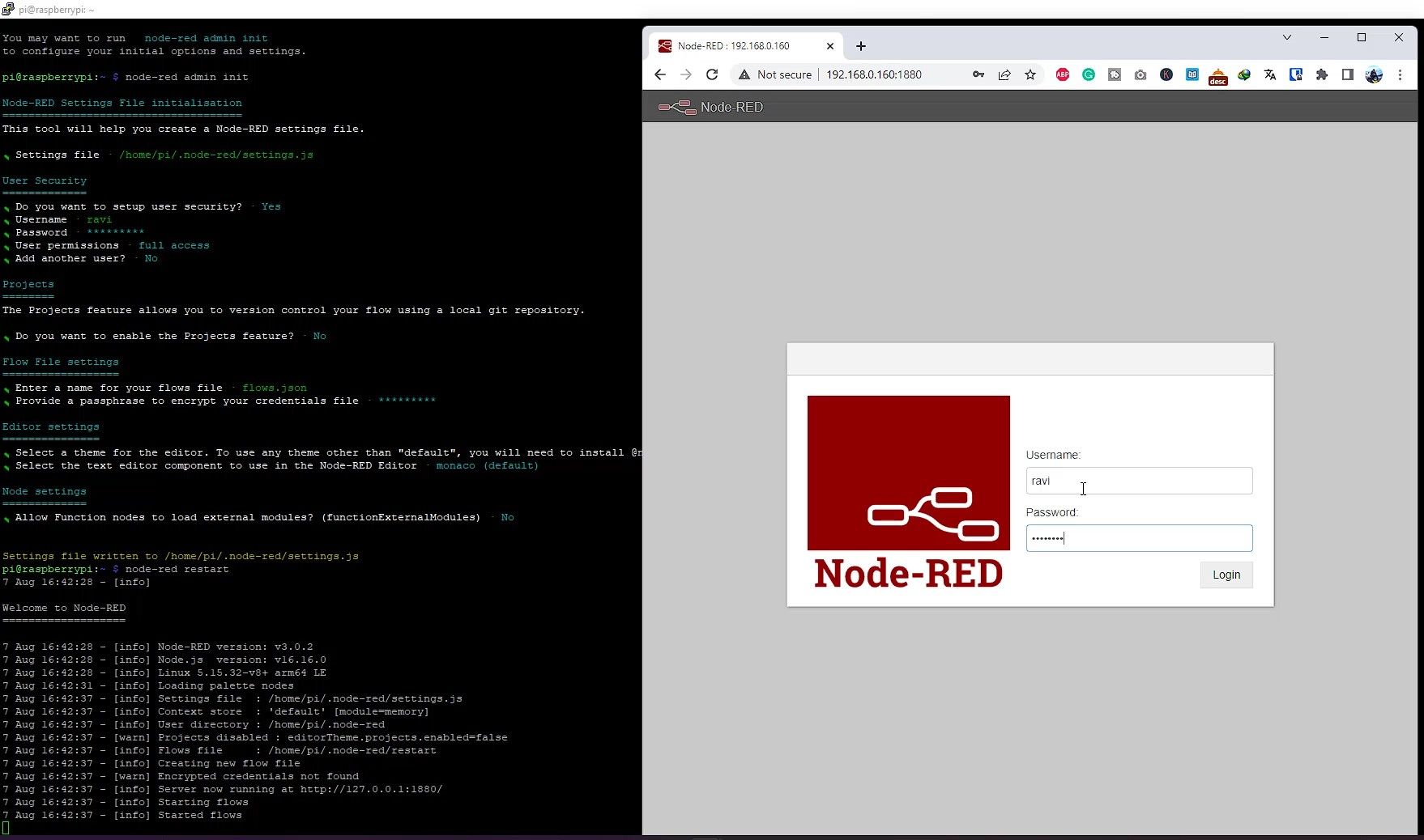 access node red on the raspberry pi ip at port 1880
