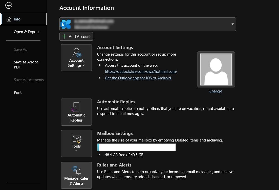 Account Information Settings on Outlook App