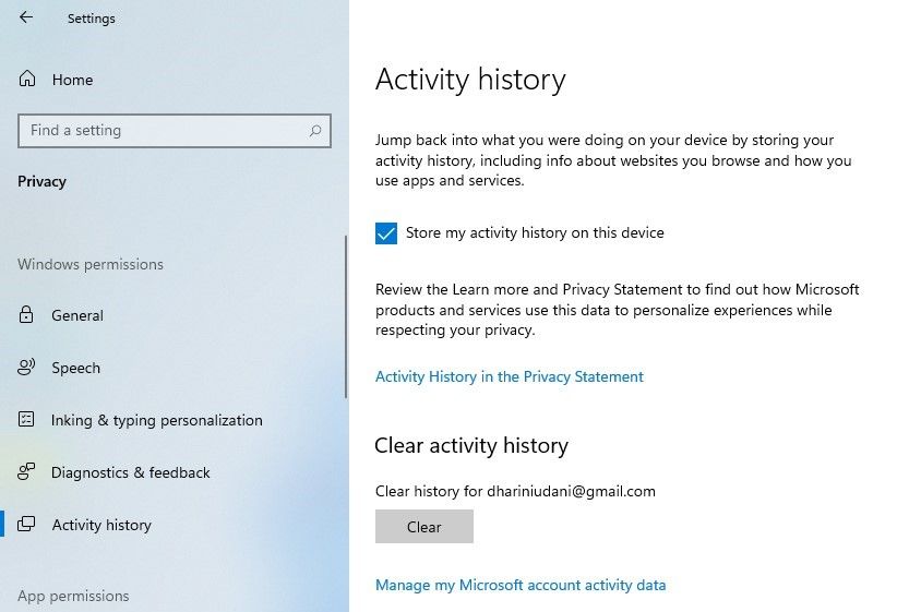 clearing activity history in windows