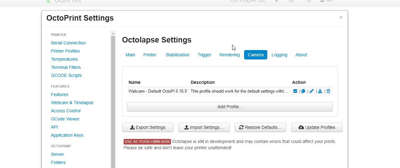 add new camera to octolapse via octoprint settings