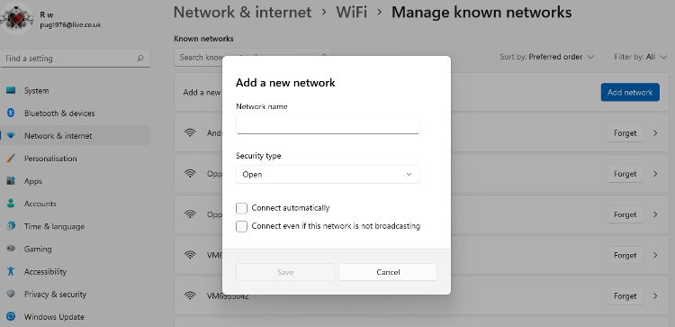 Adding a new wireless network profile in Windows 11