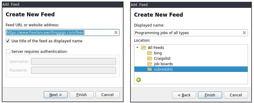 Two windows, both titled Create A new Feed