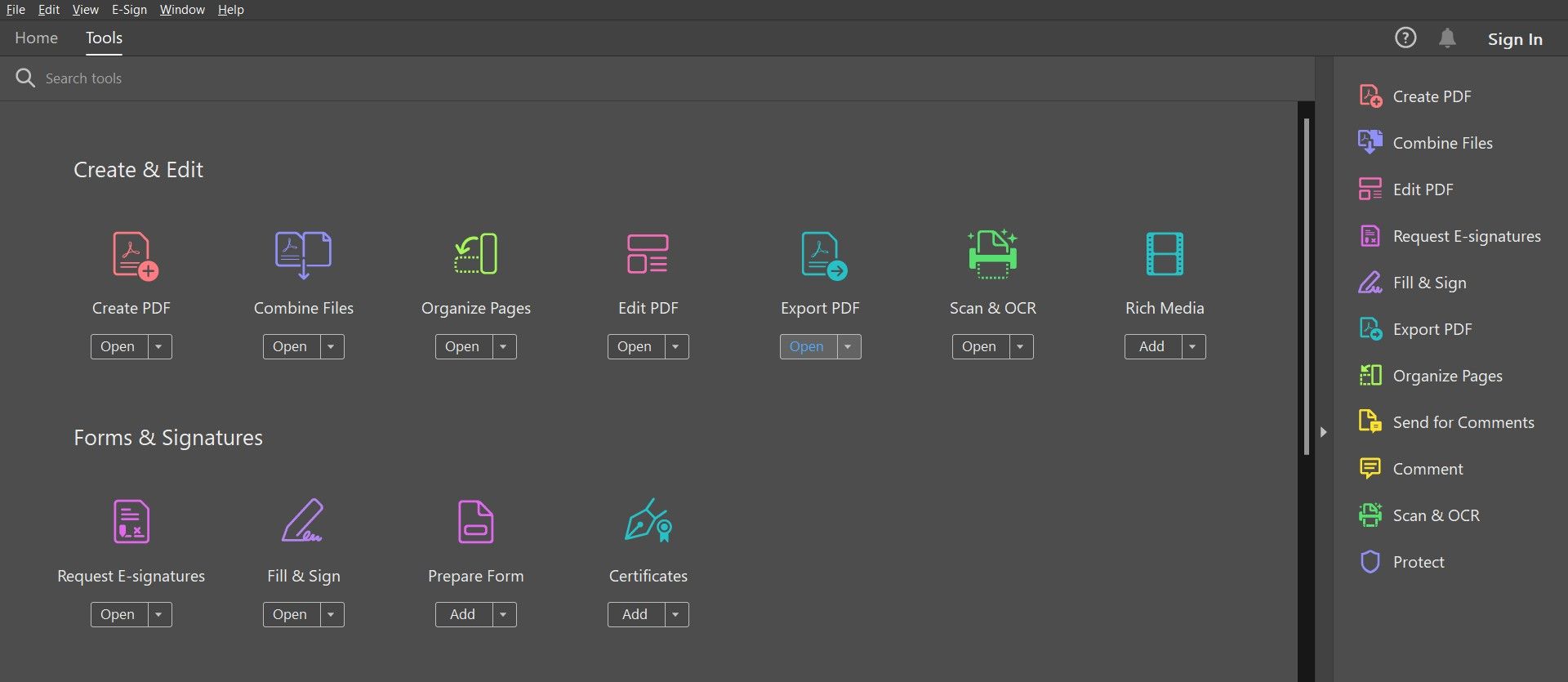 Tools menu in Adobe Acrobat DC