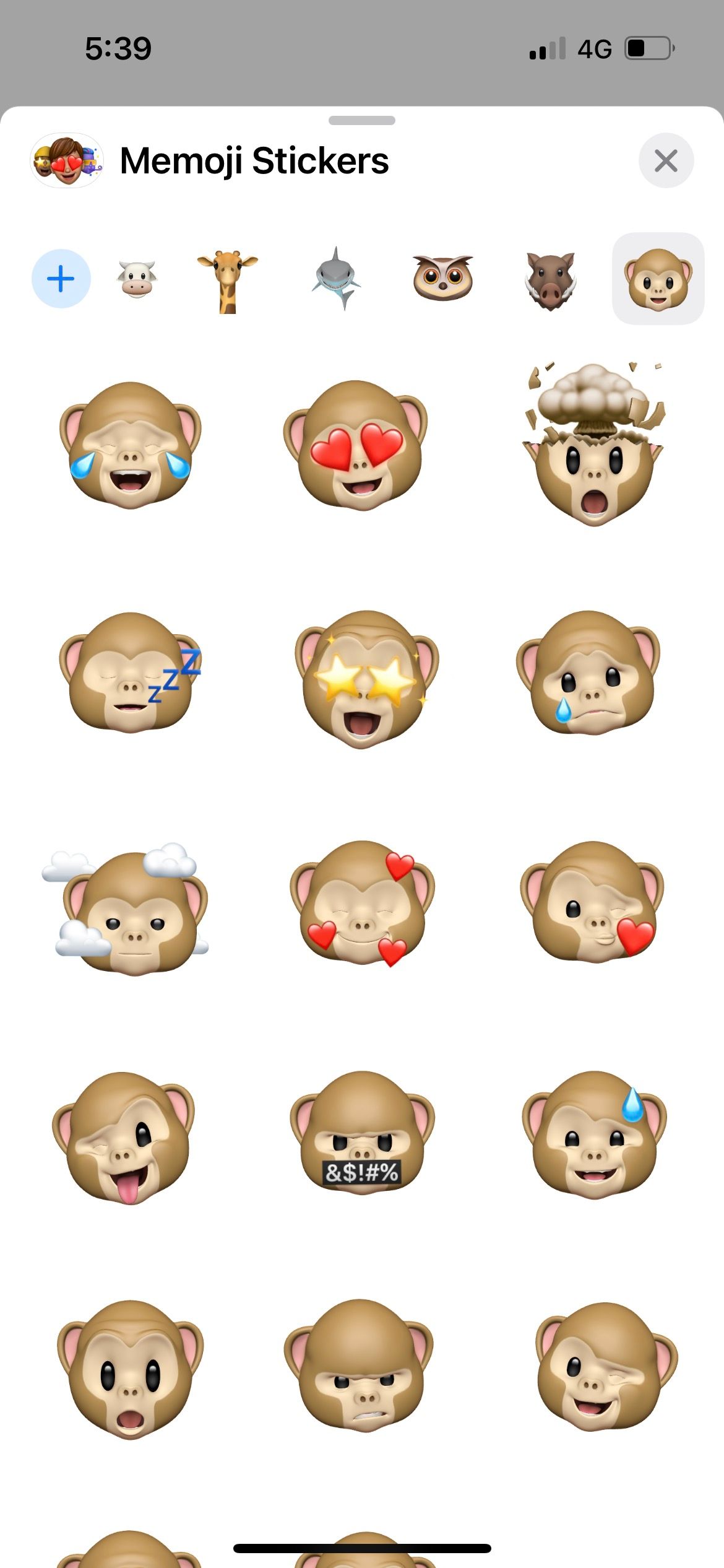 monkey animoji sticker pack in iphone messages app