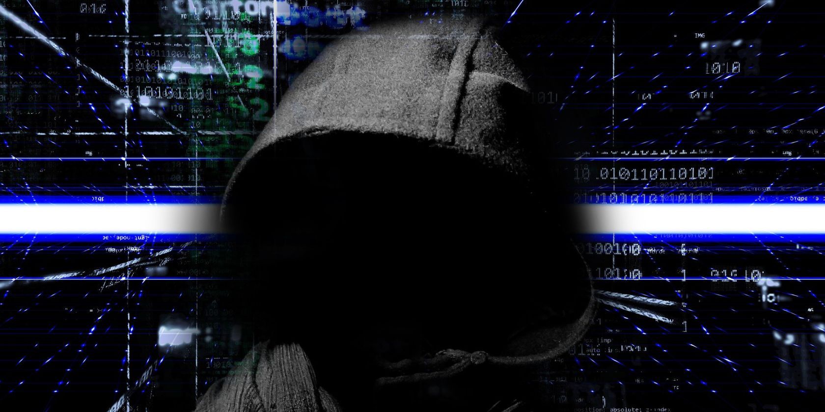 anonymous hooded person and blue digital background