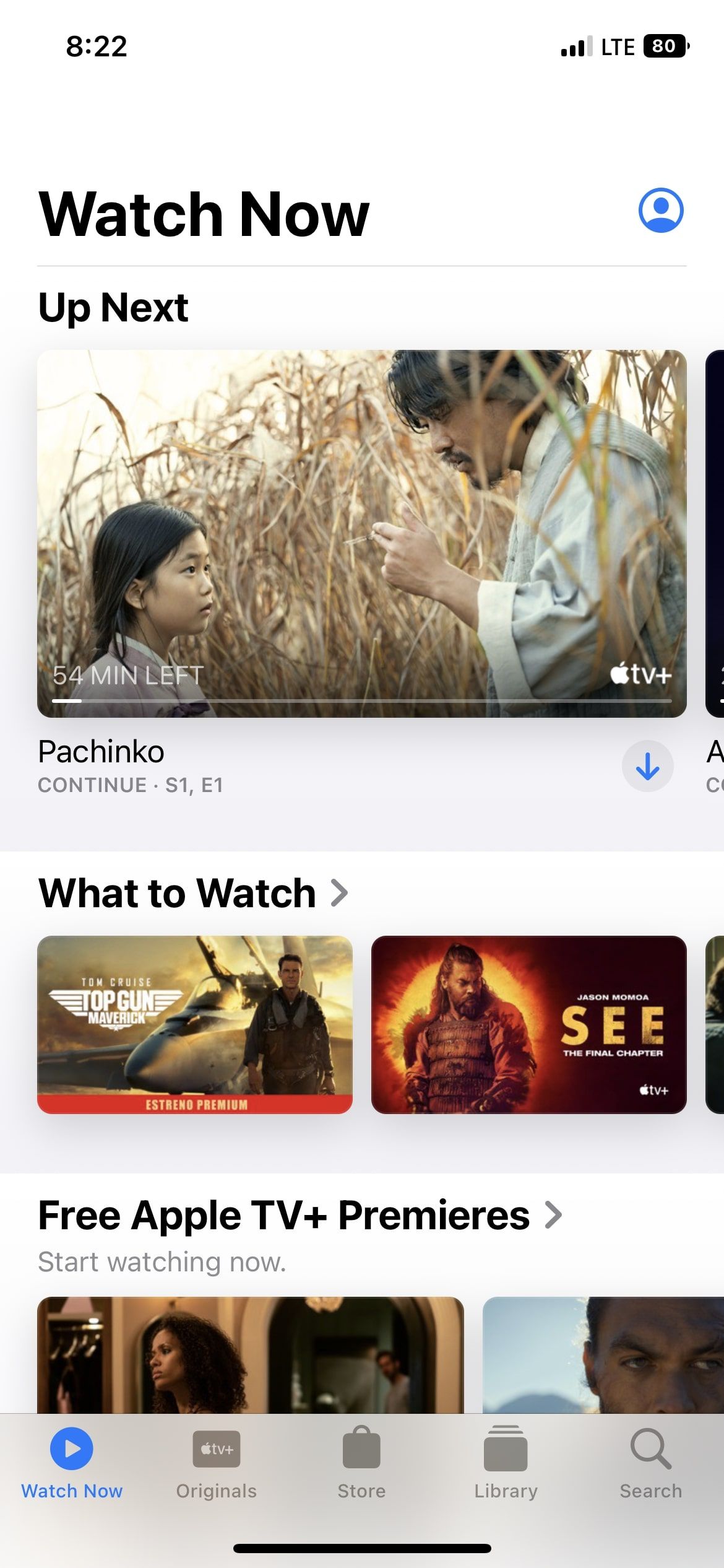 Apple TV+ iOS app Watch Now page