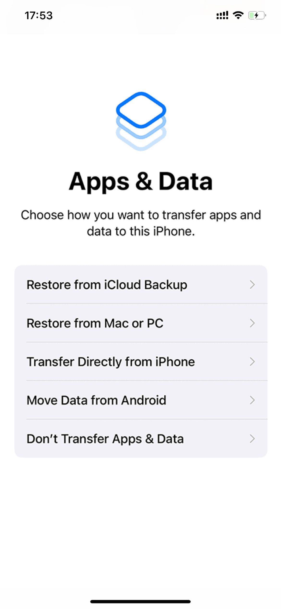 apps and data screen during iphone setup