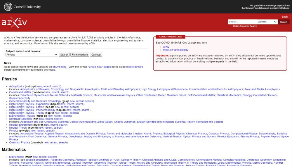 arXiv homepage showing content