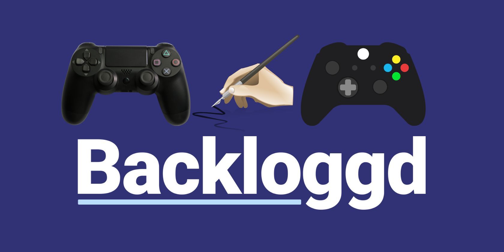 A PS4 Xbox controller with a writing cartoon vector in the middle and the Backloggd logo underneath on a blue background