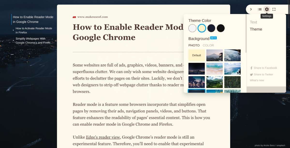 Fika adds a Reader Mode for any article in Chrome, with a Table of Contents like in Kindle, as well as custom photo backgrounds