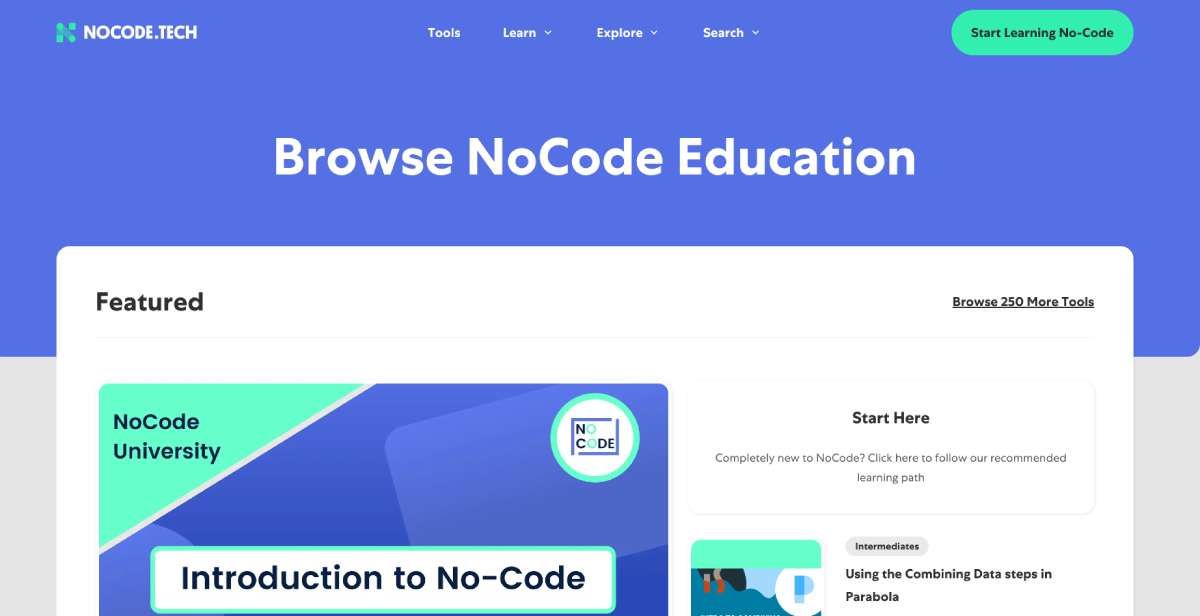 NoCode.Tech curates learning pathways from YouTube videos and their original video content to teach No-Code tools at all levels, along with a searchable library