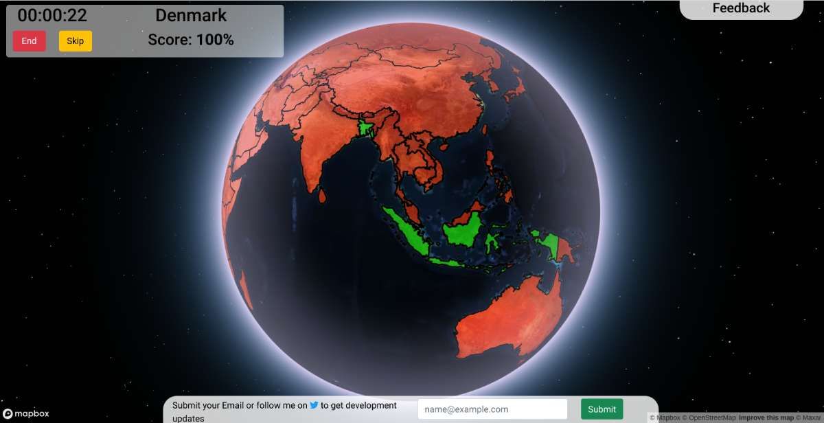 Geography Game asks you to pinpoint countries of the world on a 3D globe