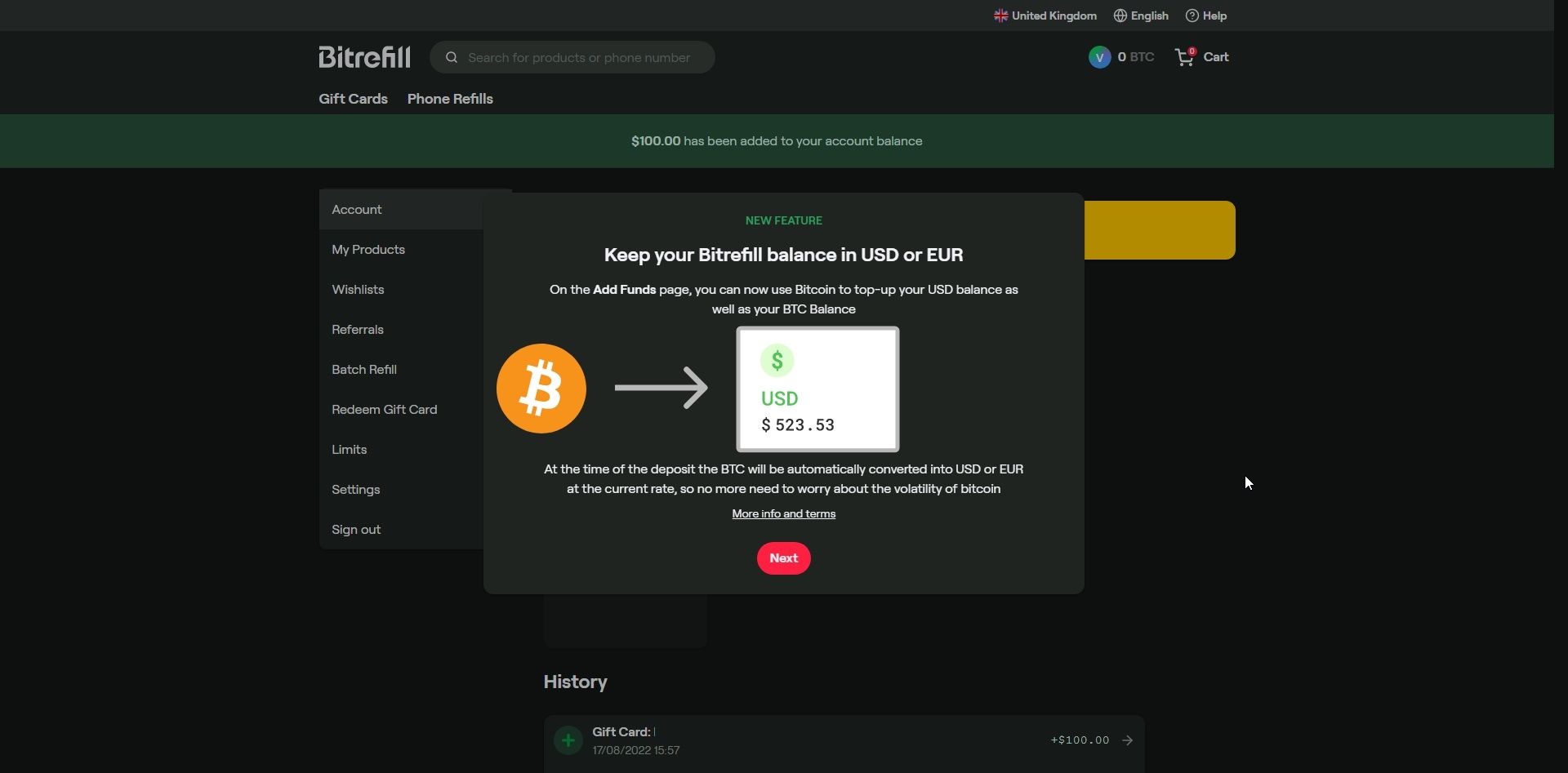 bitrefill keep balance in currency