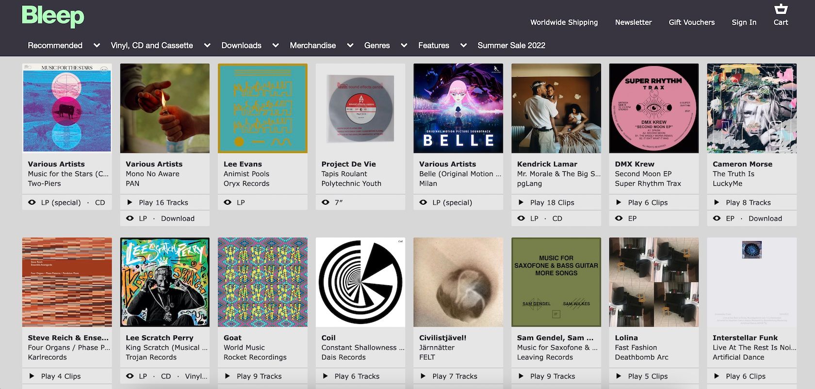 Screenshot from the online music retailer called Bleep.