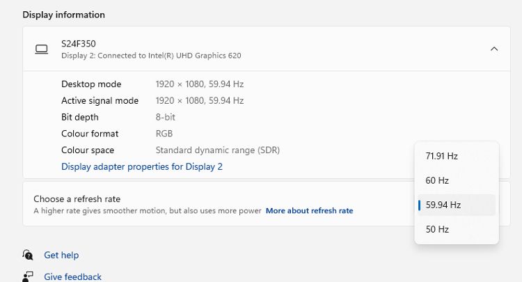 The Display refresh rate options in Windows 11