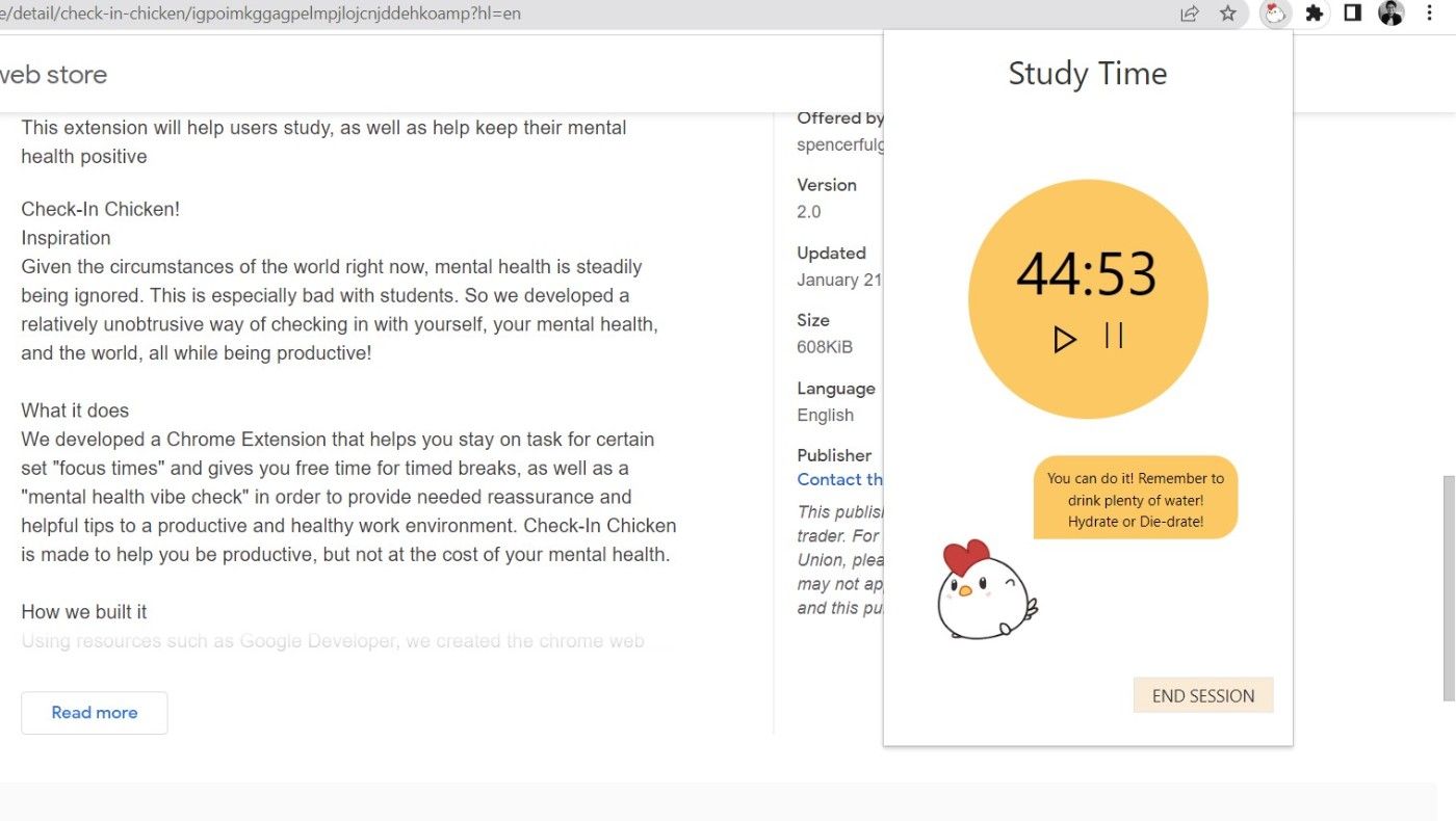 Study timer in the Check-In Chicken extension