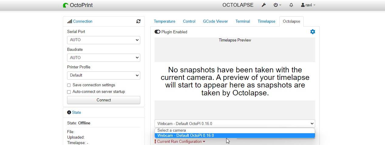 choose the connected web cam from the drop down in octolapse settings