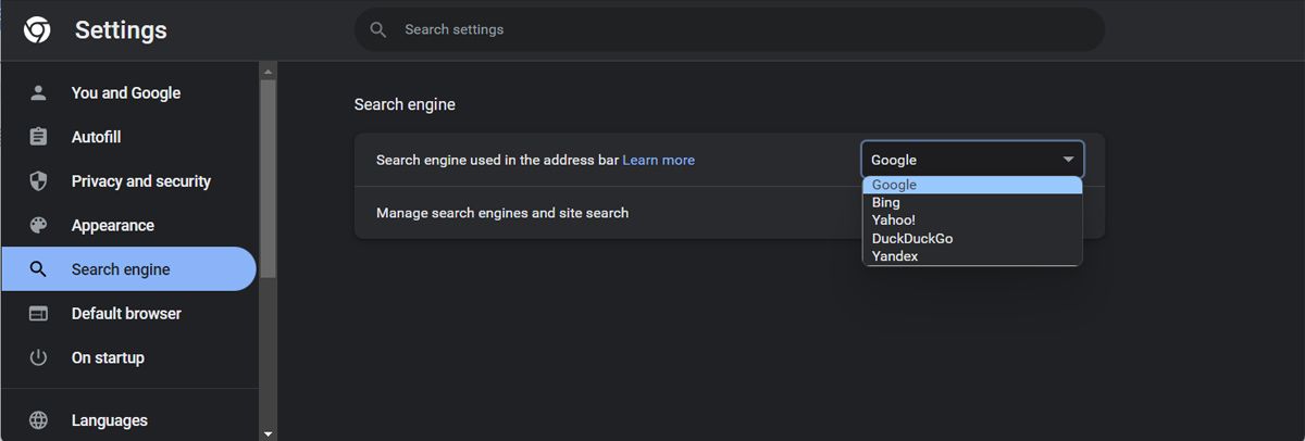 Settings Chrome search engine